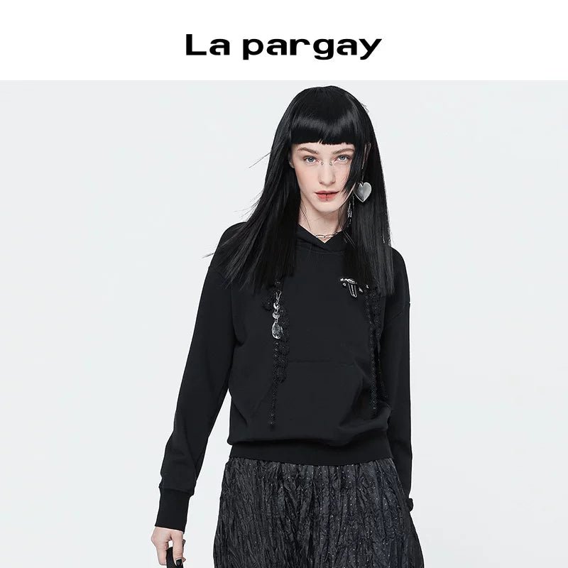 Lapargay Spring Autumn Long Sleeve Hooded Pullover Sweatshirt Women New Fashionable Age-Reducing Versatile Design Black Top - Lapargay