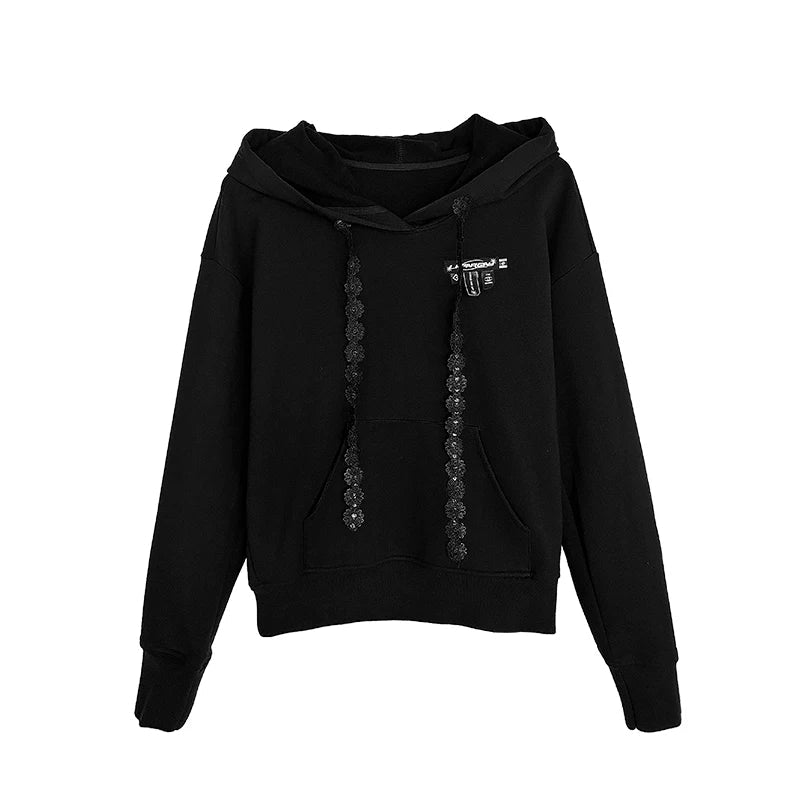 Lapargay Spring Autumn Long Sleeve Hooded Pullover Sweatshirt Women New Fashionable Age-Reducing Versatile Design Black Top - Lapargay