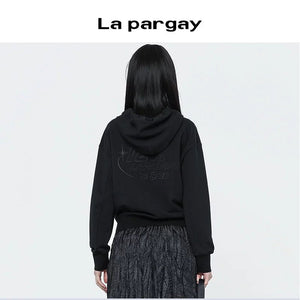 Lapargay Spring Autumn Long Sleeve Hooded Pullover Sweatshirt Women New Fashionable Age-Reducing Versatile Design Black Top - Lapargay
