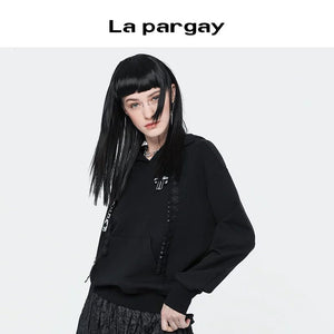 Lapargay Spring Autumn Long Sleeve Hooded Pullover Sweatshirt Women New Fashionable Age-Reducing Versatile Design Black Top - Lapargay