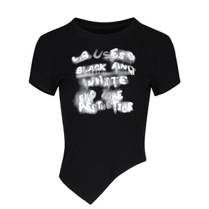 Lapargay square shoulder crew neck T-shirt blurred graffiti print high street cool style top L75200204B - Lapargay