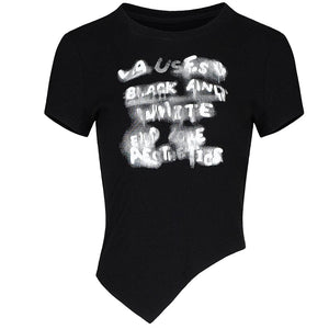 Lapargay square shoulder crew neck T-shirt blurred graffiti print high street cool style top L75200204B - Lapargay
