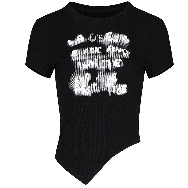 Lapargay square shoulder crew neck T-shirt blurred graffiti print high street cool style top L75200204B - Lapargay