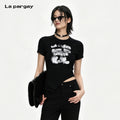 Lapargay square shoulder crew neck T-shirt blurred graffiti print high street cool style top L75200204B - Lapargay