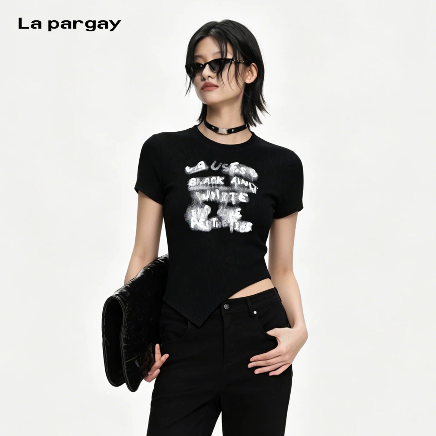 Lapargay square shoulder crew neck T-shirt blurred graffiti print high street cool style top L75200204B - Lapargay