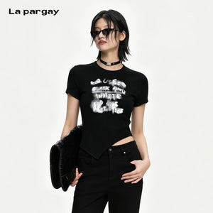 Lapargay square shoulder crew neck T-shirt blurred graffiti print high street cool style top L75200204B - Lapargay
