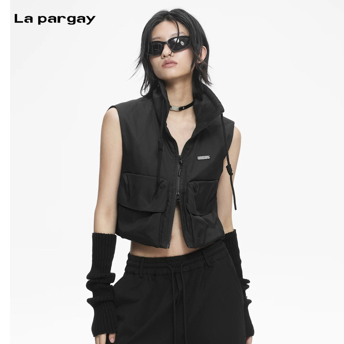Lapargay Stand Collar Sleeveless Cropped Top Functional High Street Drawstring Neckline Structure L78101408C - Lapargay