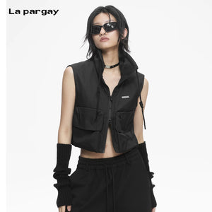 Lapargay Stand Collar Sleeveless Cropped Top Functional High Street Drawstring Neckline Structure L78101408C - Lapargay