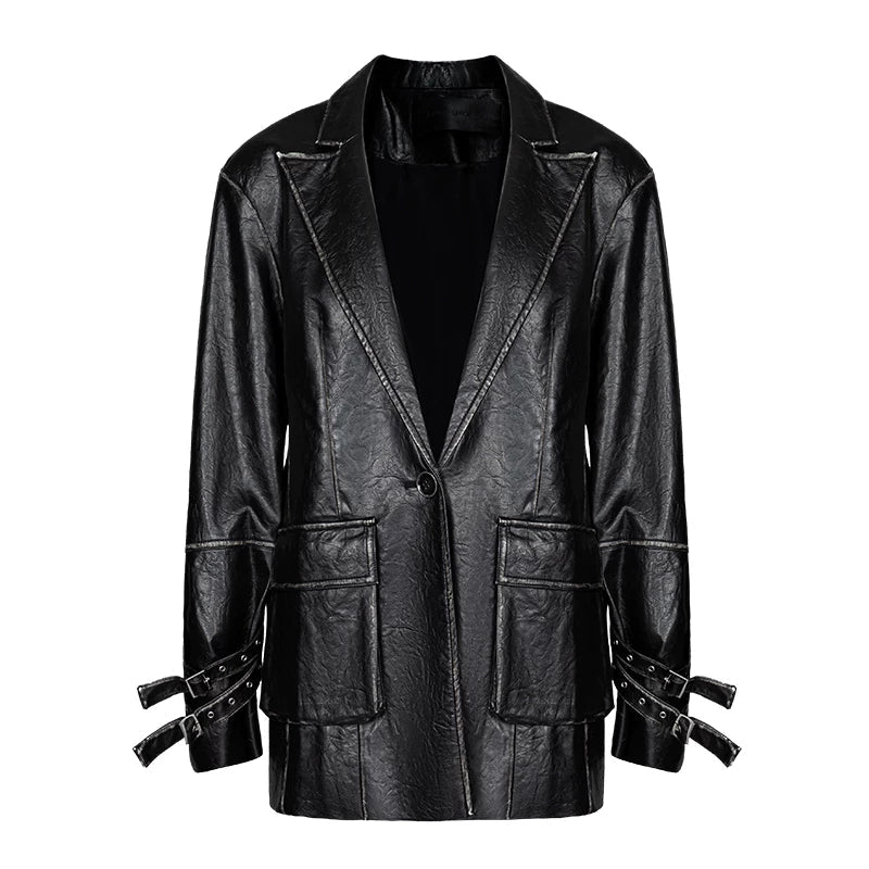 Lapargay Street Motorcycle Style Mid-Length Leather Blazer Single Button Waist-Cinching Large Patch Pocket L75101303B - Lapargay