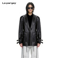 Lapargay Street Motorcycle Style Mid-Length Leather Blazer Single Button Waist-Cinching Large Patch Pocket L75101303B - Lapargay