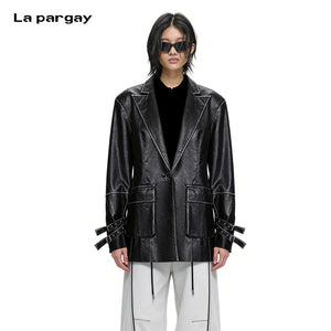 Lapargay Street Motorcycle Style Mid-Length Leather Blazer Single Button Waist-Cinching Large Patch Pocket L75101303B - Lapargay