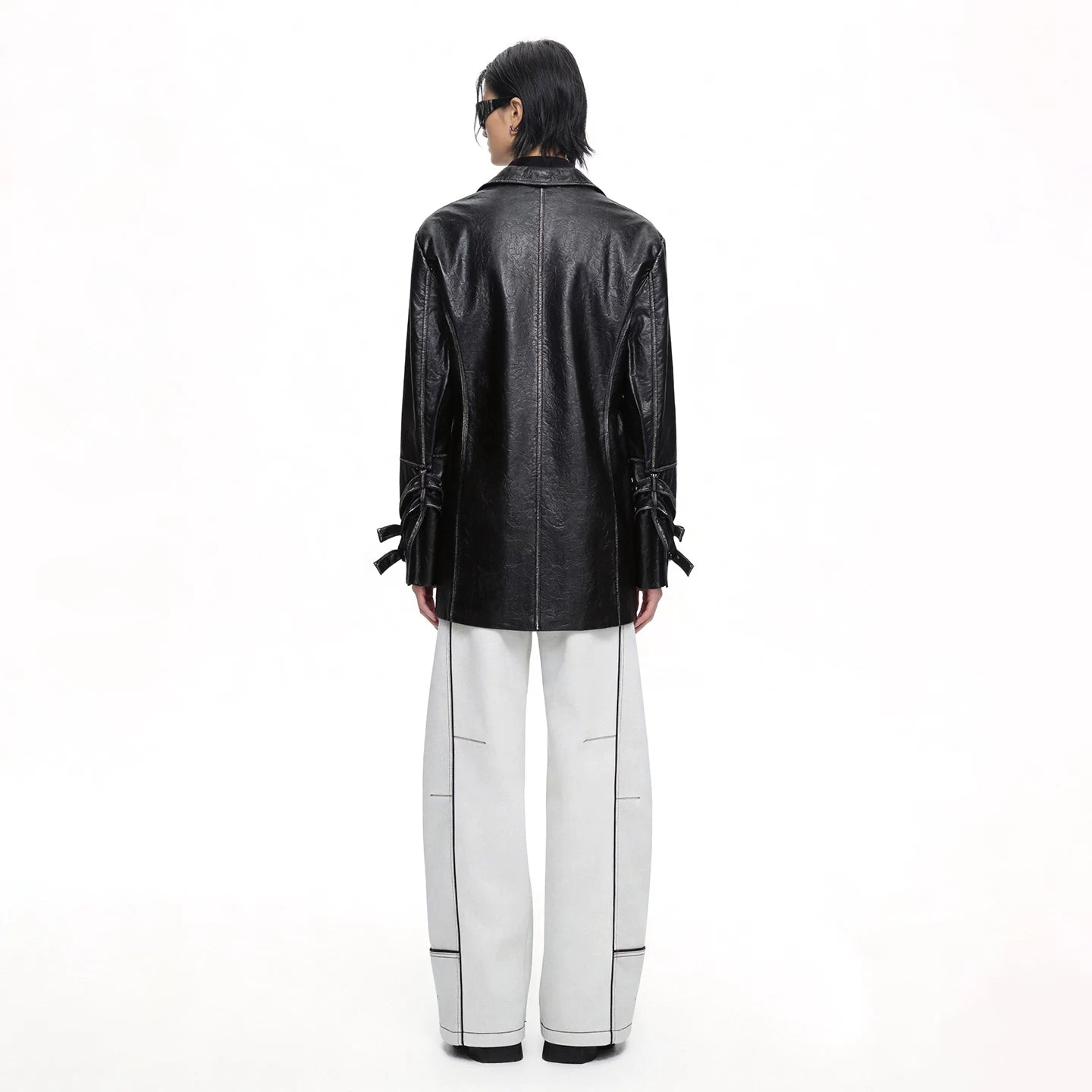 Lapargay Street Motorcycle Style Mid-Length Leather Blazer Single Button Waist-Cinching Large Patch Pocket L75101303B - Lapargay