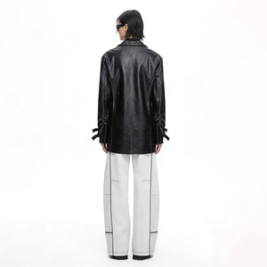 Lapargay Street Motorcycle Style Mid-Length Leather Blazer Single Button Waist-Cinching Large Patch Pocket L75101303B - Lapargay
