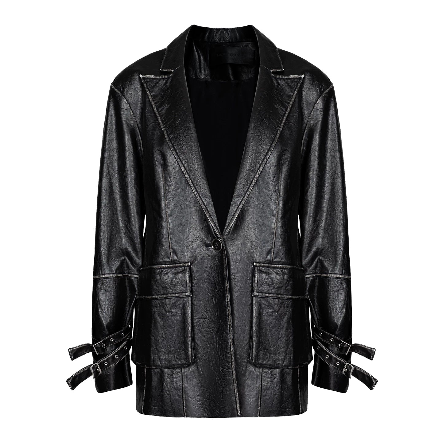 Lapargay Street Motorcycle Style Mid-Length Leather Blazer Single Button Waist-Cinching Large Patch Pocket L75101303B - Lapargay