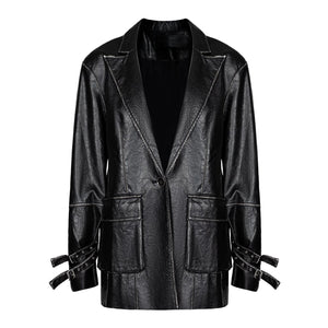 Lapargay Street Motorcycle Style Mid-Length Leather Blazer Single Button Waist-Cinching Large Patch Pocket L75101303B - Lapargay