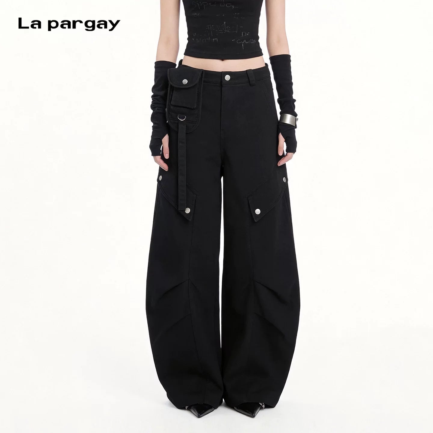 Lapargay Street Style Curved Cargo Pants with Waist Bag, Multiple Rivet Flap Pockets L78102615V - Lapargay