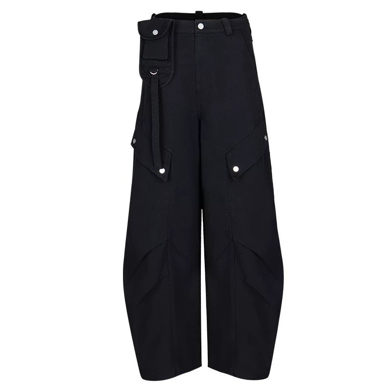 Lapargay Street Style Curved Cargo Pants with Waist Bag, Multiple Rivet Flap Pockets L78102615V - Lapargay