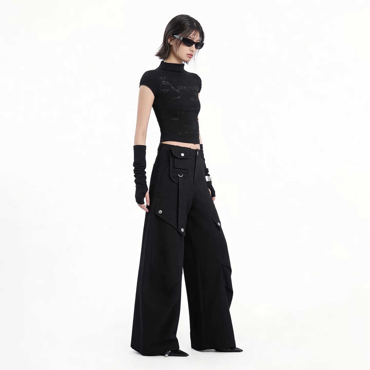 Lapargay Street Style Curved Cargo Pants with Waist Bag, Multiple Rivet Flap Pockets L78102615V - Lapargay