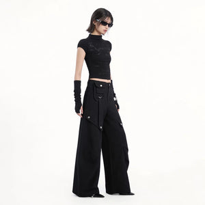 Lapargay Street Style Curved Cargo Pants with Waist Bag, Multiple Rivet Flap Pockets L78102615V - Lapargay