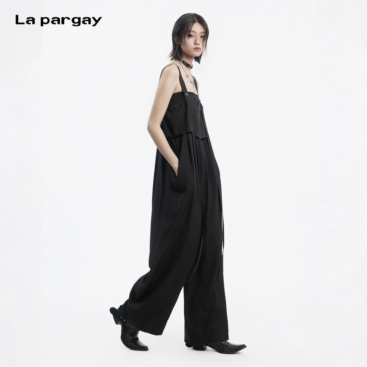 Lapargay suspender jumpsuit double-layer draped design hidden pocket design L78202703V - Lapargay