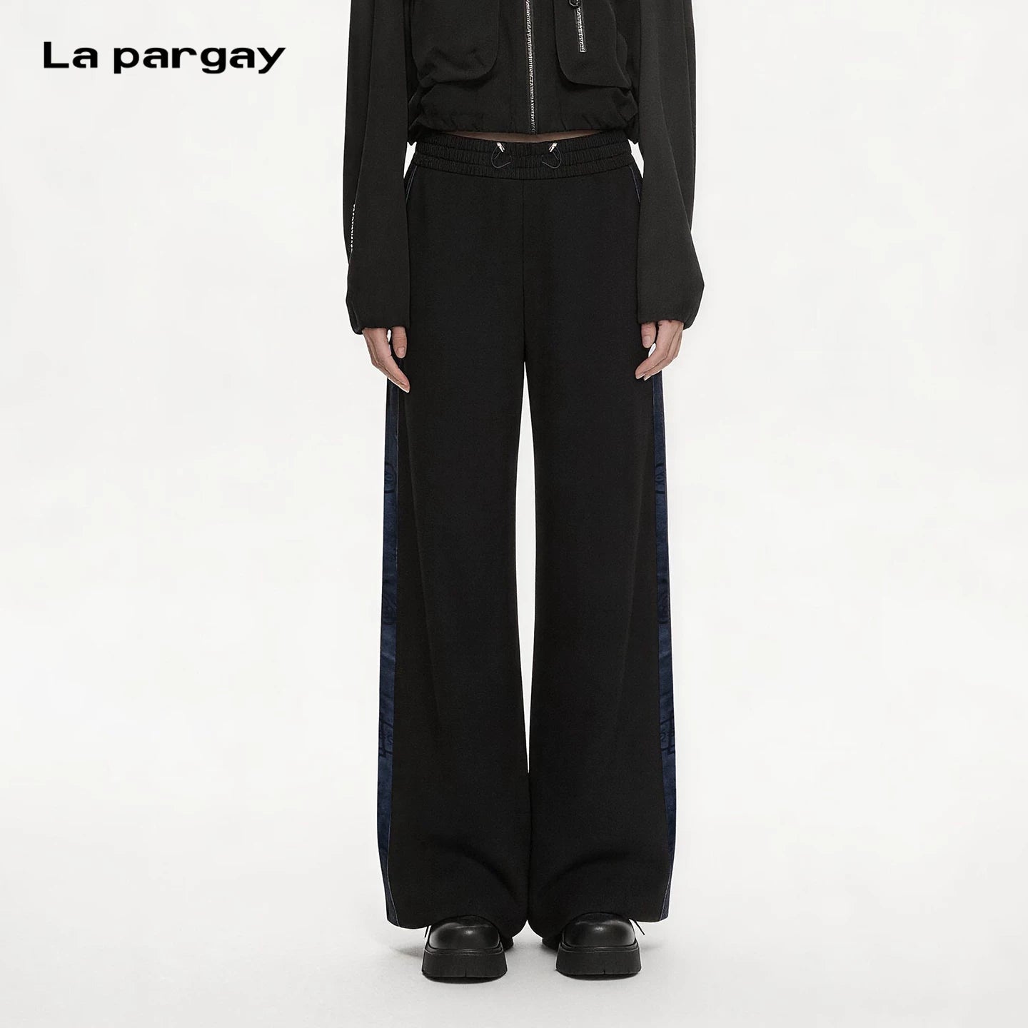 Lapargay textured drape wide-leg casual pants contrast side stripe double button drawstring high waist L75102602V - Lapargay