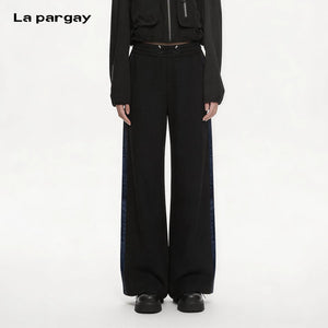 Lapargay textured drape wide-leg casual pants contrast side stripe double button drawstring high waist L75102602V - Lapargay