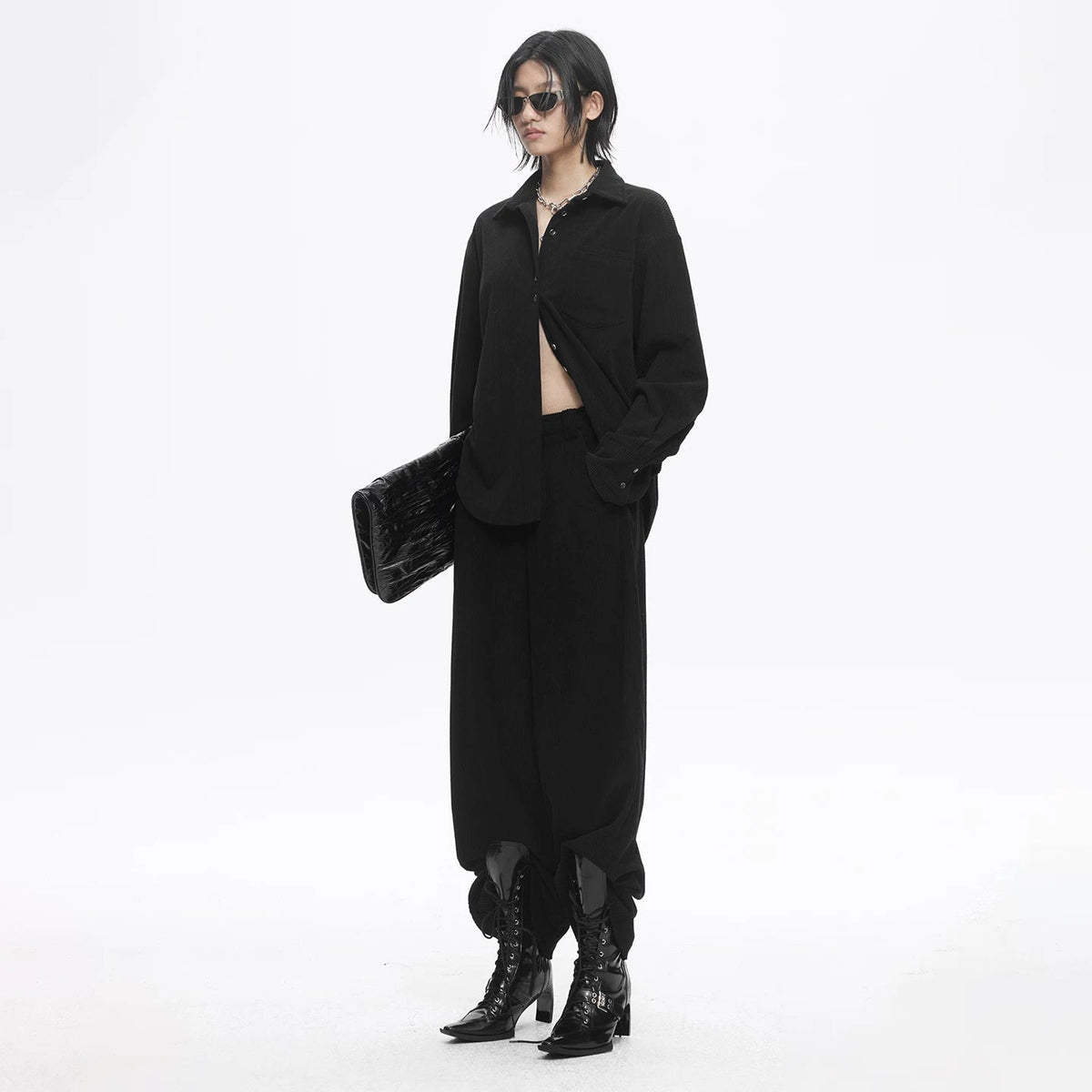 Lapargay Textured High-Waist Casual Pants with Multi-Button Waistband, Wide Leg Silhouette L78102626C - Lapargay