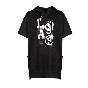 Lapargay Trendy Graffiti Print Hooded Short Sleeve Top Double Large Pocket Design L75201904C - Lapargay
