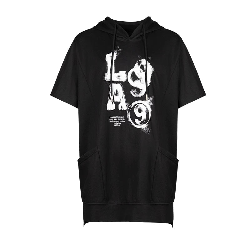 Lapargay Trendy Graffiti Print Hooded Short Sleeve Top Double Large Pocket Design L75201904C - Lapargay