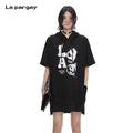 Lapargay Trendy Graffiti Print Hooded Short Sleeve Top Double Large Pocket Design L75201904C - Lapargay