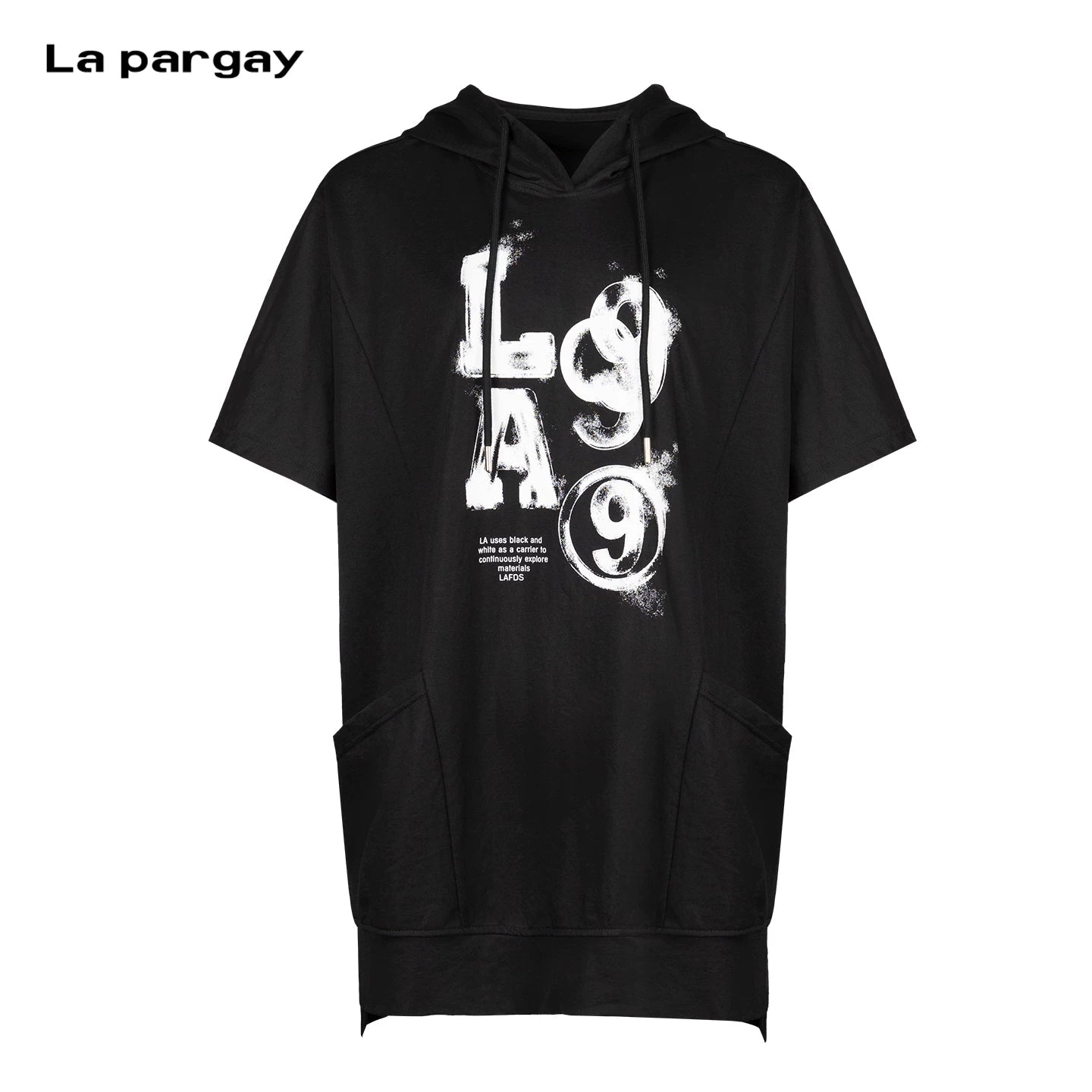 Lapargay Trendy Graffiti Print Hooded Short Sleeve Top Double Large Pocket Design L75201904C - Lapargay