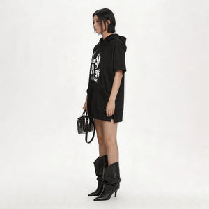 Lapargay Trendy Graffiti Print Hooded Short Sleeve Top Double Large Pocket Design L75201904C - Lapargay