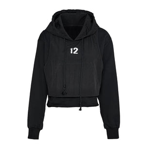 Lapargay Two-in-One Patchwork Short Hoodie, Drawstring Hood, Full Street Style L78101983V - Lapargay