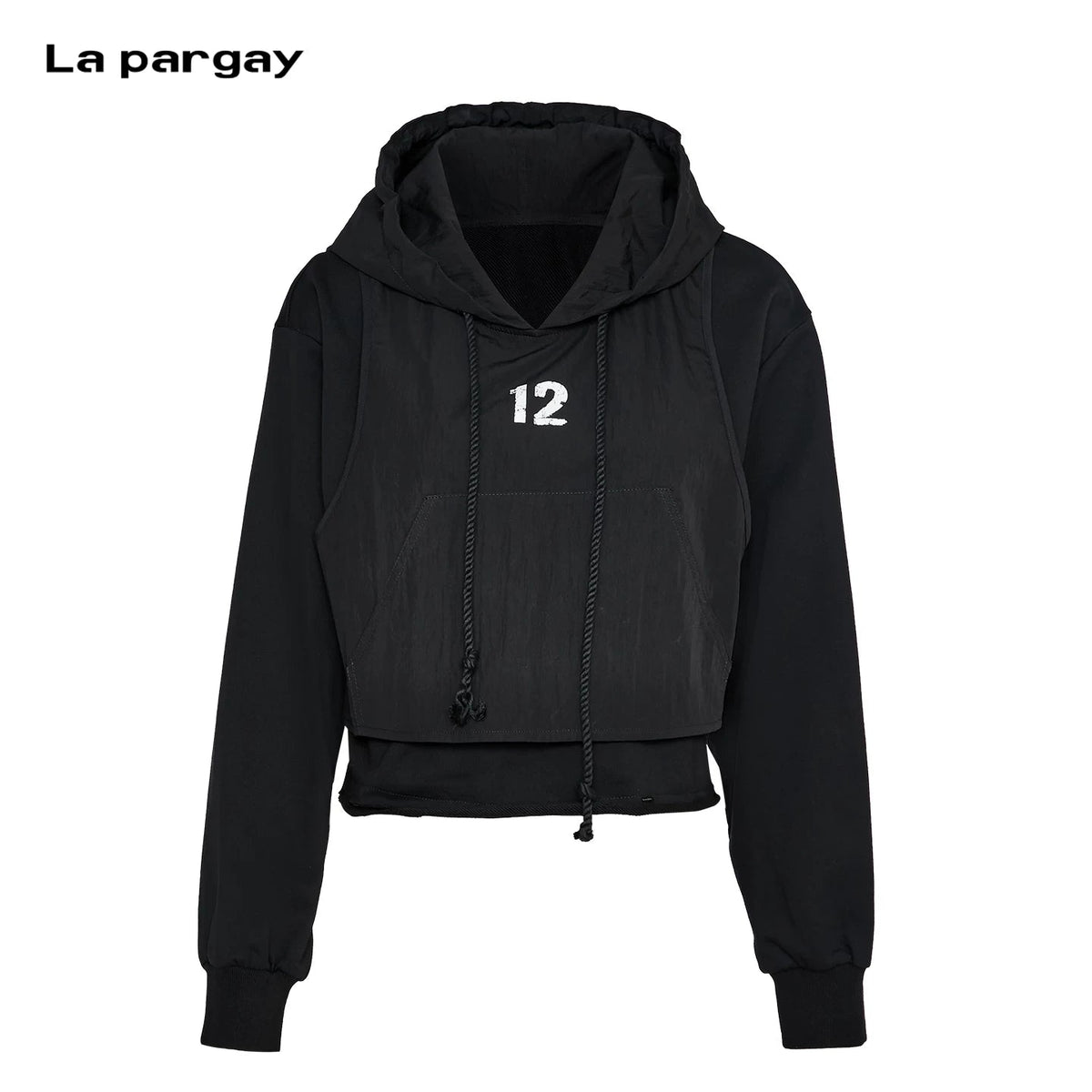 Lapargay Two-in-One Patchwork Short Hoodie, Drawstring Hood, Full Street Style L78101983V - Lapargay