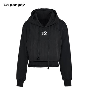 Lapargay Two-in-One Patchwork Short Hoodie, Drawstring Hood, Full Street Style L78101983V - Lapargay