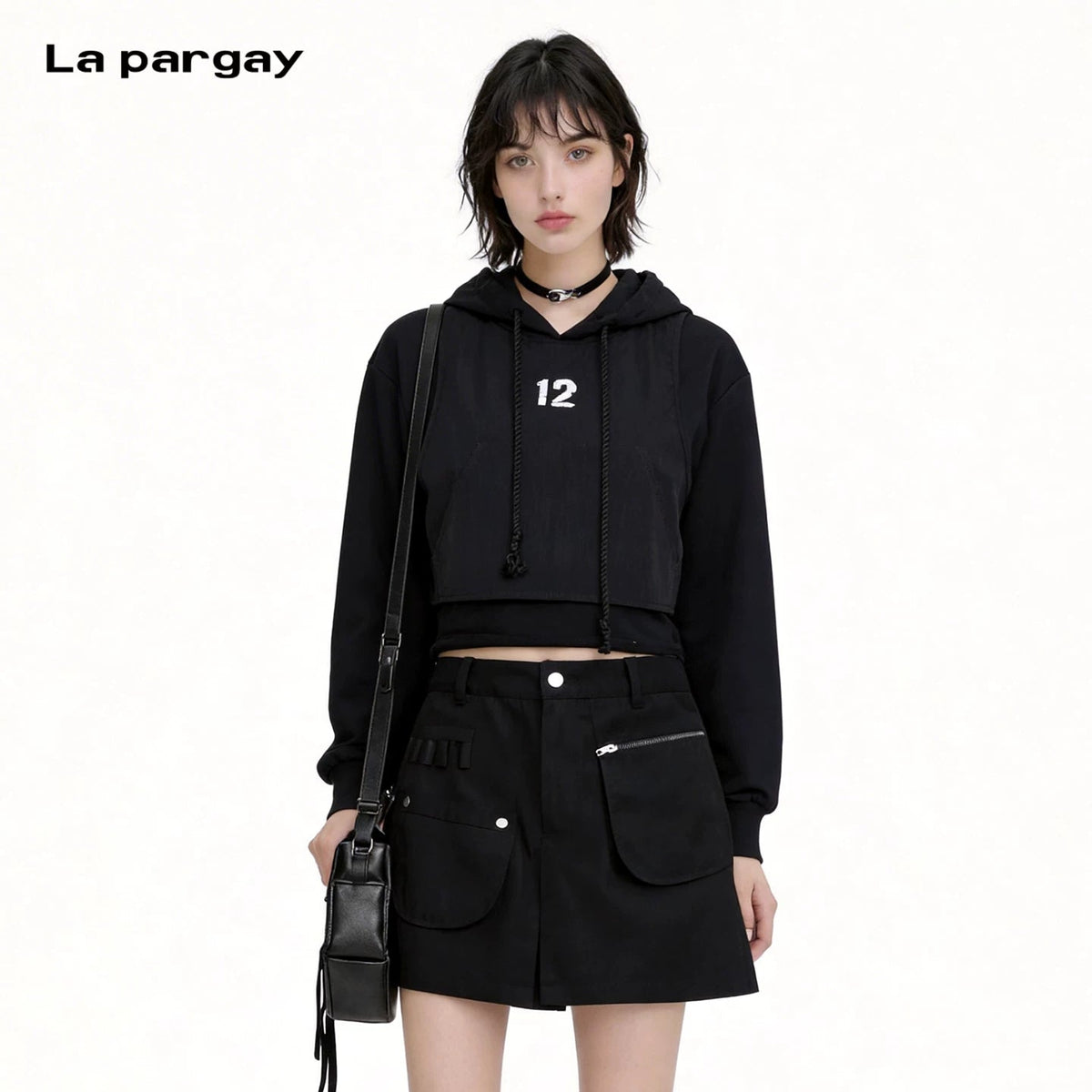 Lapargay Two-in-One Patchwork Short Hoodie, Drawstring Hood, Full Street Style L78101983V - Lapargay