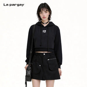 Lapargay Two-in-One Patchwork Short Hoodie, Drawstring Hood, Full Street Style L78101983V - Lapargay