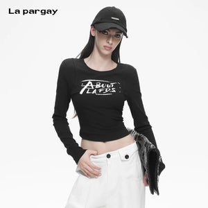Lapargay Two-in-One Slim Long Sleeve T-Shirt, Letter Graffiti Print, High Stretch Skin-friendly L78100314V - Lapargay