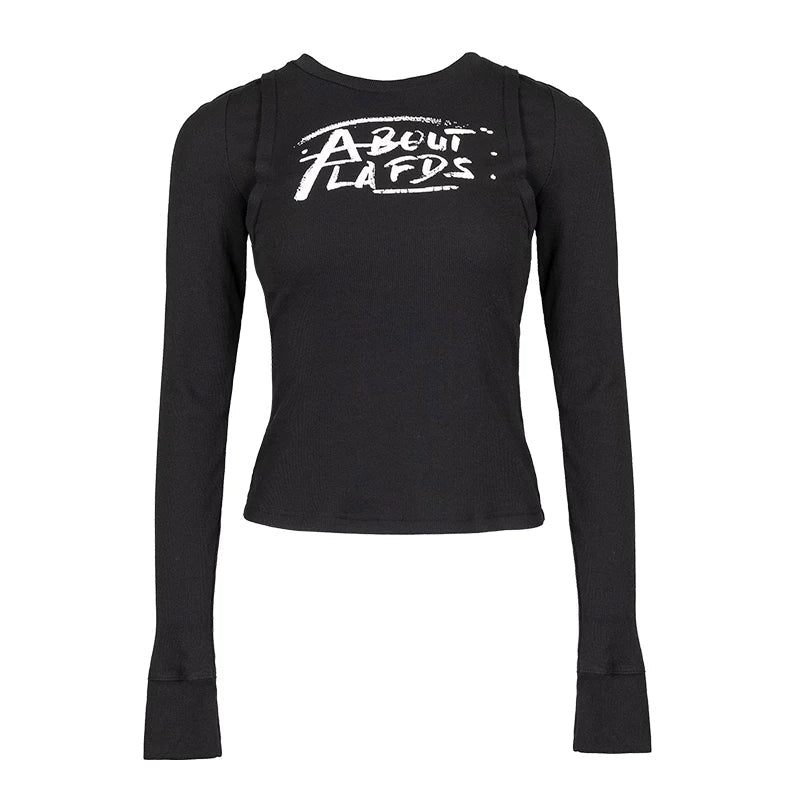 Lapargay Two-in-One Slim Long Sleeve T-Shirt, Letter Graffiti Print, High Stretch Skin-friendly L78100314V - Lapargay
