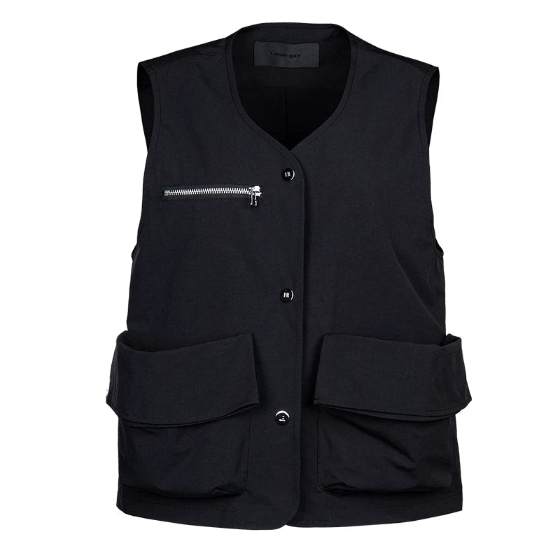 Lapargay V-Neck Single Button Vest Three-Dimensional Large Pockets Metal Zipper Design L78201404V - Lapargay