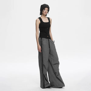 Lapargay Vintage Black and White Plaid Side Contrast Loose Wide-Leg Casual Pants L78202901S - Lapargay
