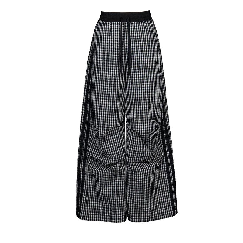 Lapargay Vintage Black and White Plaid Side Contrast Loose Wide-Leg Casual Pants L78202901S - Lapargay