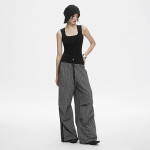 Lapargay Vintage Black and White Plaid Side Contrast Loose Wide-Leg Casual Pants L78202901S - Lapargay