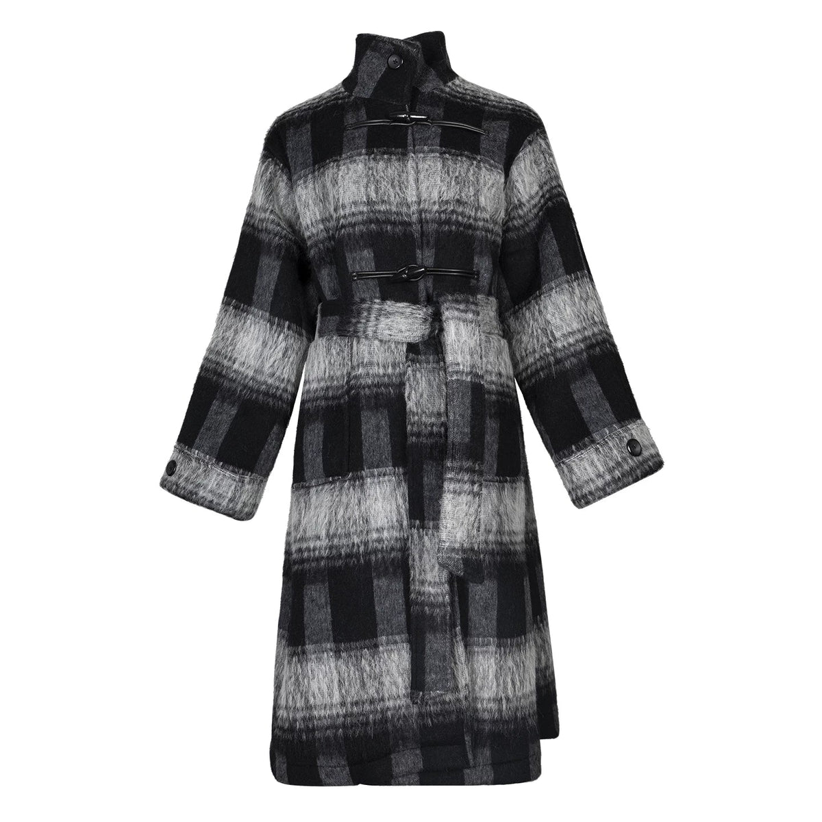 Lapargay Vintage Plaid Wool Coat with Horn Button Stand Collar Design, Two-Way Wear with Belt L78101604C - Lapargay
