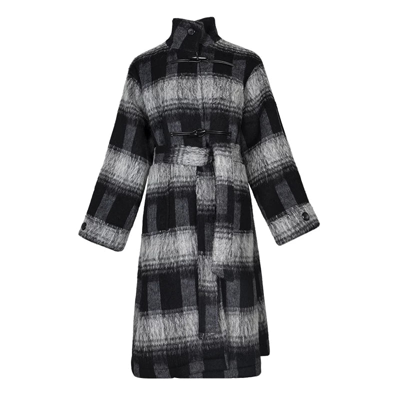 Lapargay Vintage Plaid Wool Coat with Horn Button Stand Collar Design, Two-Way Wear with Belt L78101604C - Lapargay