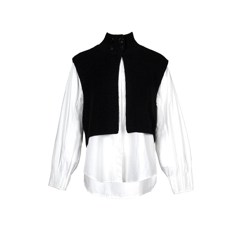 Lapargay Vintage Sleeveless Knit Vest, Loose Wide Sleeve White Shirt, Layering Two-Piece Set L78101906C - Lapargay