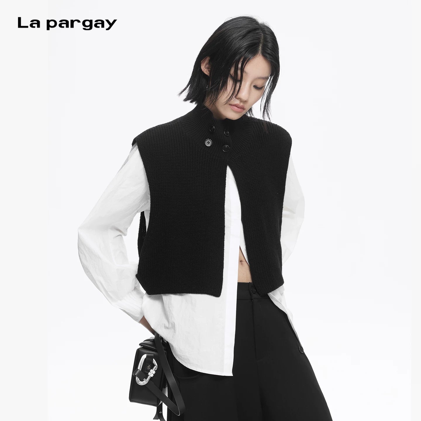 Lapargay Vintage Sleeveless Knit Vest, Loose Wide Sleeve White Shirt, Layering Two-Piece Set L78101906C - Lapargay
