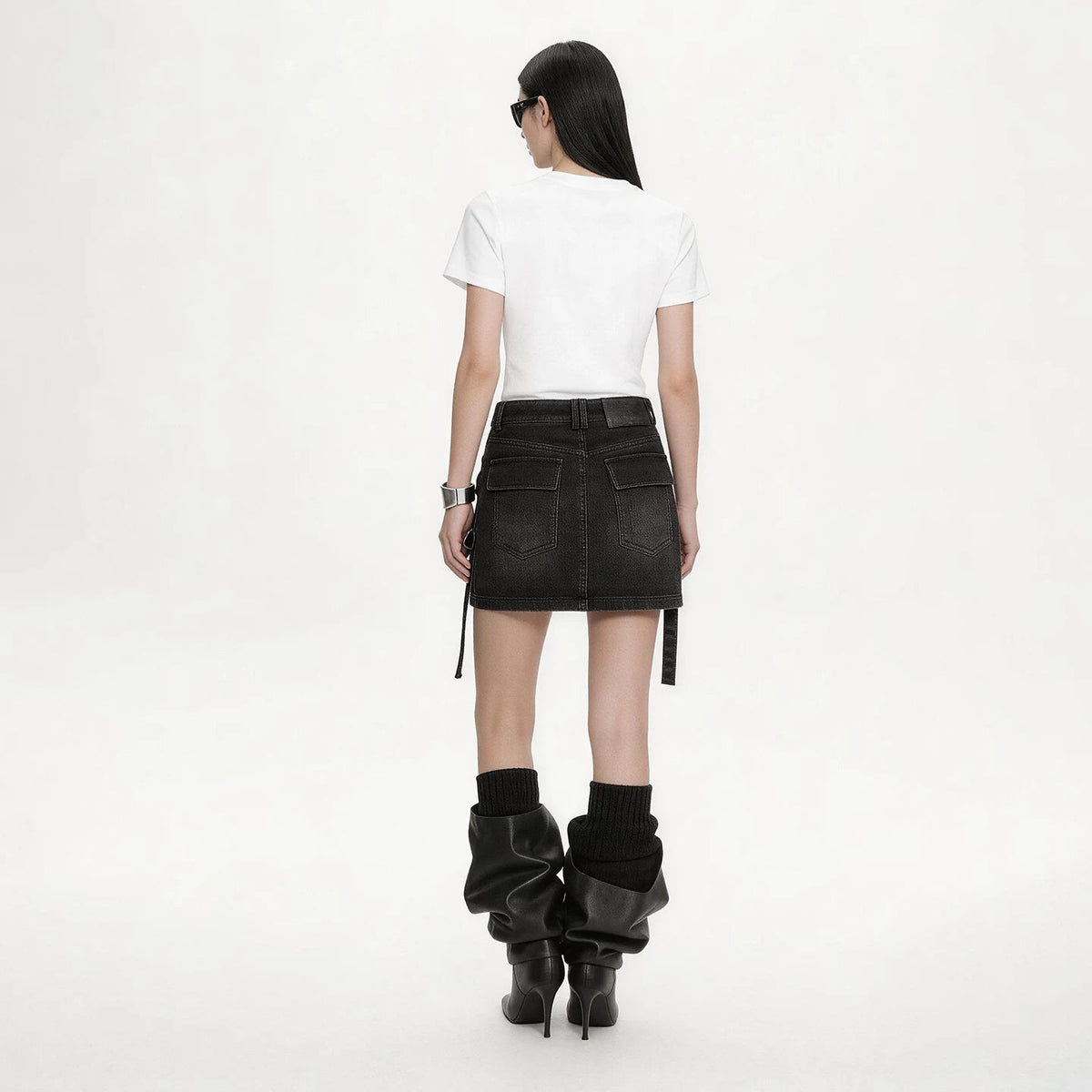 Lapargay Vintage Washed Black Denim Work Skirt with Metal Button Waistband and Multi-Pocket Design L78109206V - Lapargay