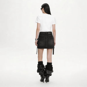 Lapargay Vintage Washed Black Denim Work Skirt with Metal Button Waistband and Multi-Pocket Design L78109206V - Lapargay
