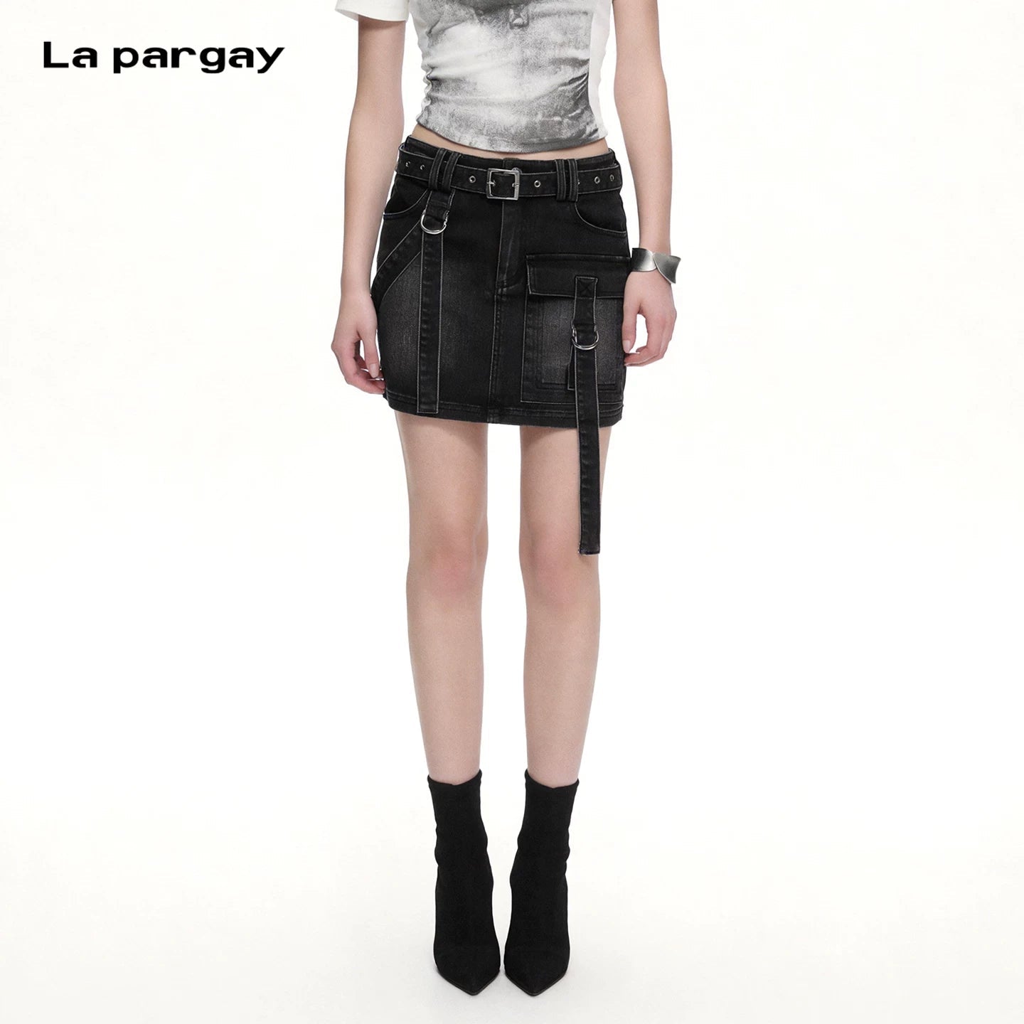 Lapargay Vintage Washed Black Denim Work Skirt with Metal Button Waistband and Multi-Pocket Design L78109206V - Lapargay